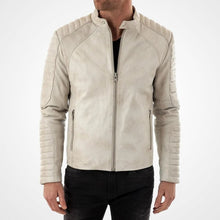 Load image into Gallery viewer, Men’s Off-White Stand Collar Leather Biker Jacket
