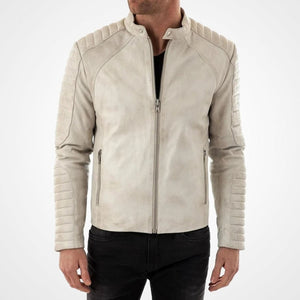 Men’s Off-White Stand Collar Leather Biker Jacket