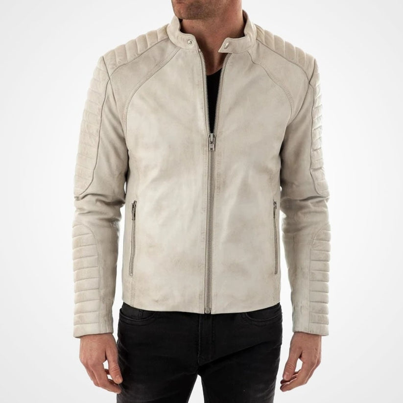 Men’s Off-White Stand Collar Leather Biker Jacket