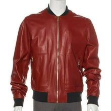 Load image into Gallery viewer, Men’s Red Lambskin Leather Bomber Jacket – Stylish &amp; Lightweight
