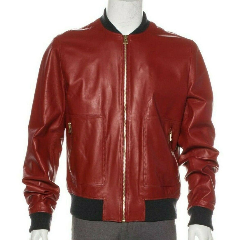 Men’s Red Lambskin Leather Bomber Jacket – Stylish & Lightweight