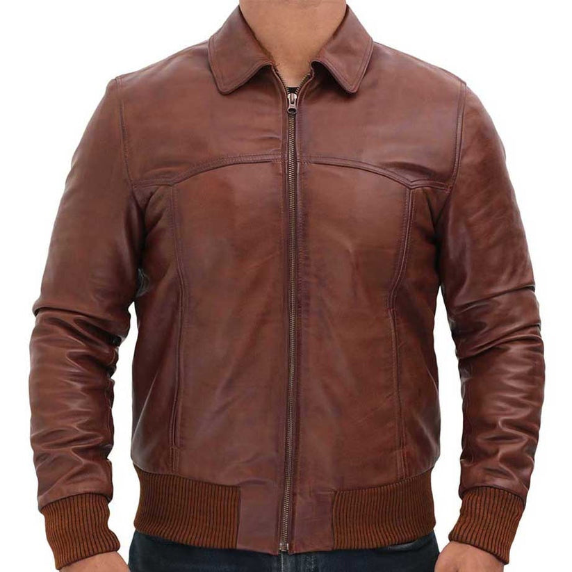 Men’s Vintage Brown Leather Bomber Jacket – Classic Flight Style