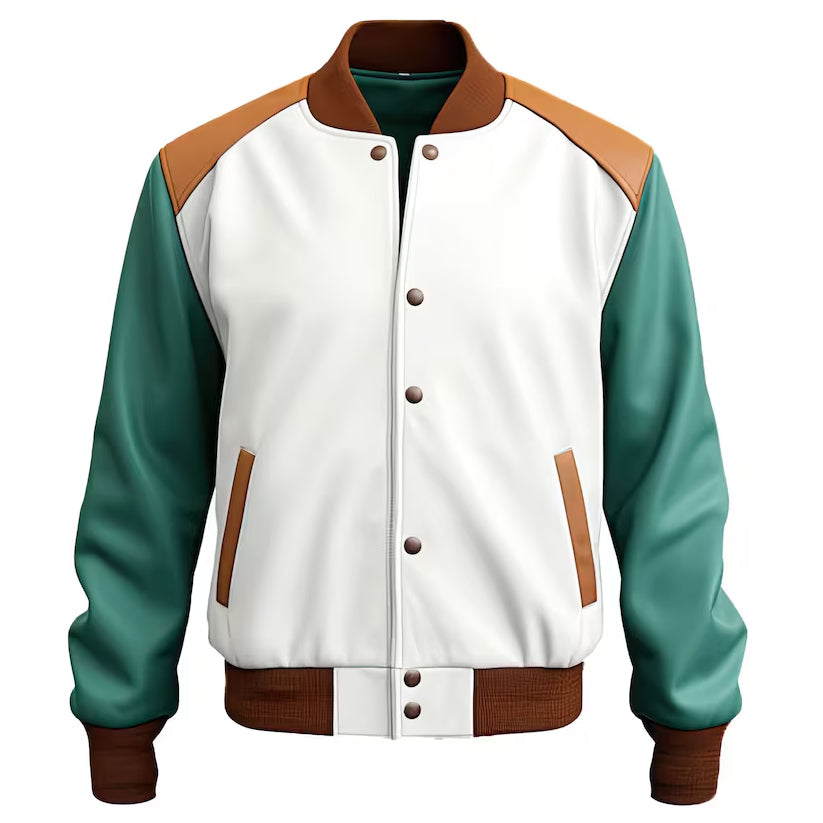 Men’s White Sea Green Genuine Varsity Leather Jacket Leather Outlet