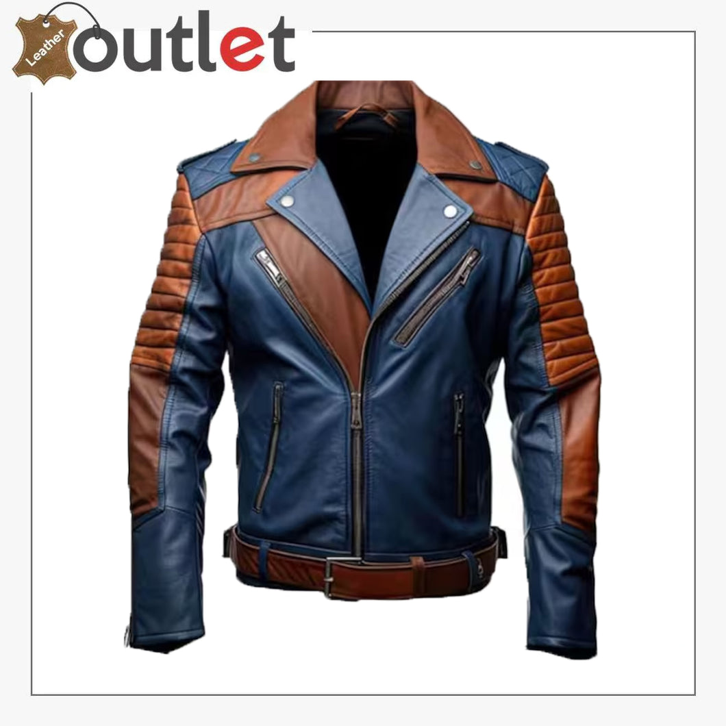 Mens Blue and Brown Custom Leather Jacket