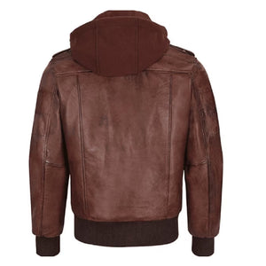 Mens Brown Hooded Bomber Leather Jacket