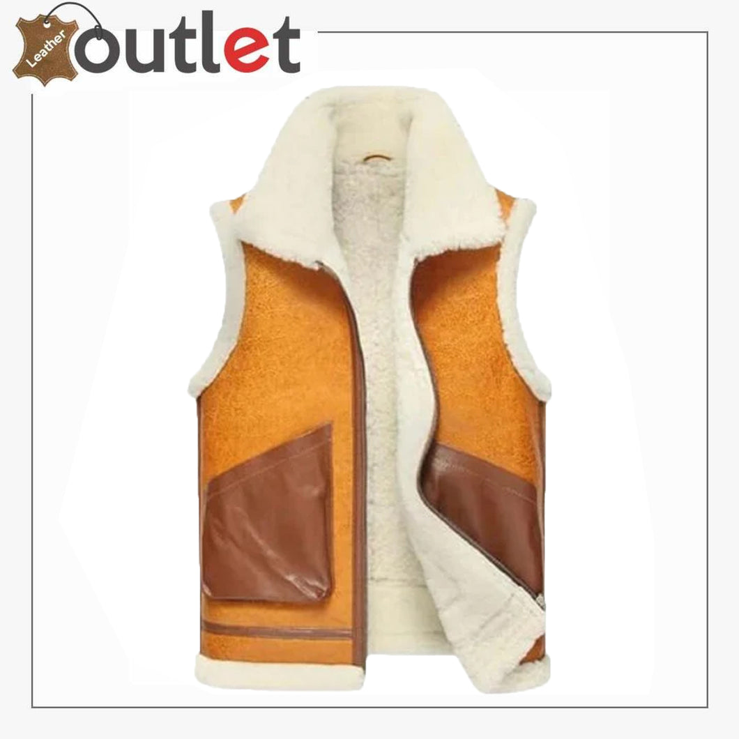 Mens Brown White Fur Shearling Leather Vest