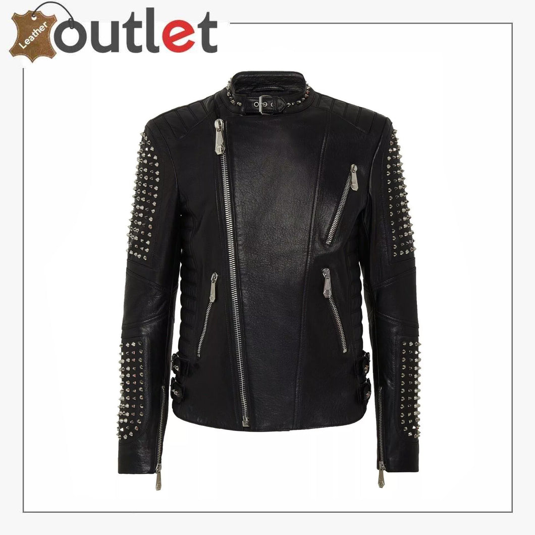 Mens Genuine Cow Leather Studded Jacket