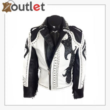 Load image into Gallery viewer, Mens Silver Studded Fringed Biker Leather Jacket
