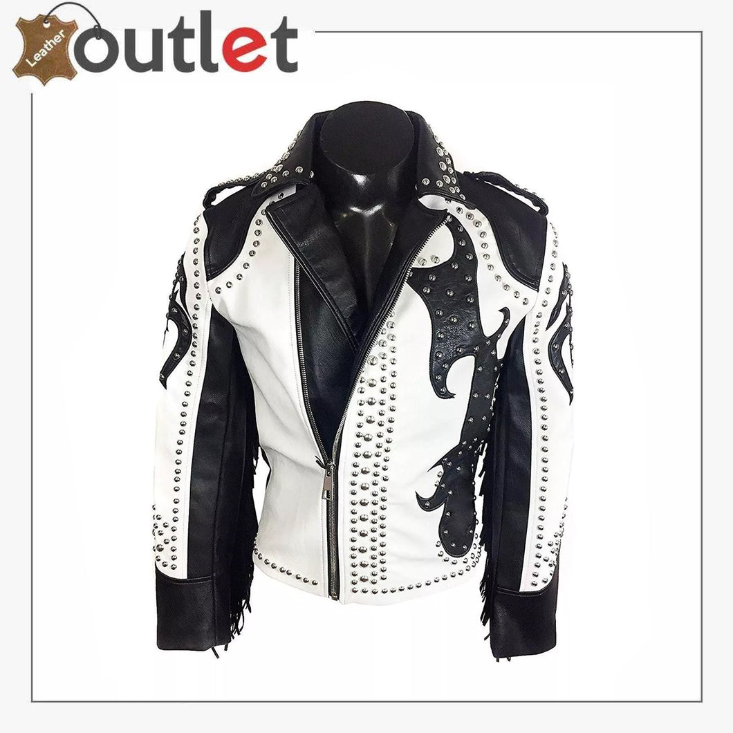 Mens Silver Studded Fringed Biker Leather Jacket