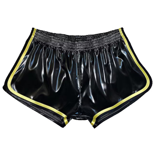Herren glänzende, glatte, schwarz-gelbe Satins-Shorts