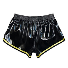 Load image into Gallery viewer, Mens shiny slippery black yellow satin shorts
