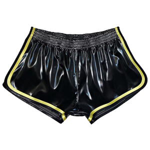 Mens shiny slippery black yellow satin shorts