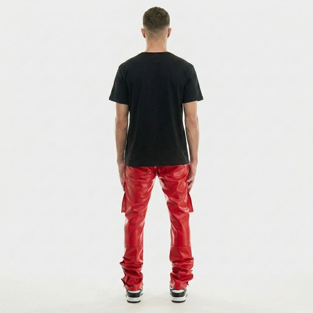 Men's Red Leather Cargo Pants – Slim Fit Biker Utility Trousers