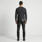 Men’s Black Crocodile Embossed Genuine Leather Biker Pants – Slim Fit Moto Trousers