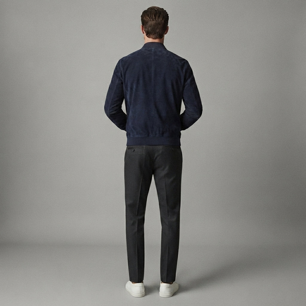 Men's Dark Blue Suede Bomber Jacket