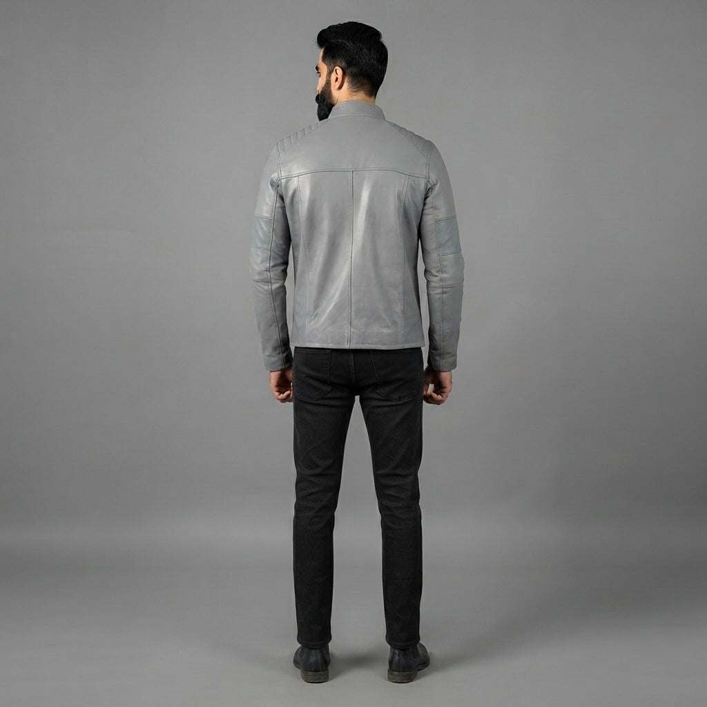 Men's Grey Leather Biker Jacket