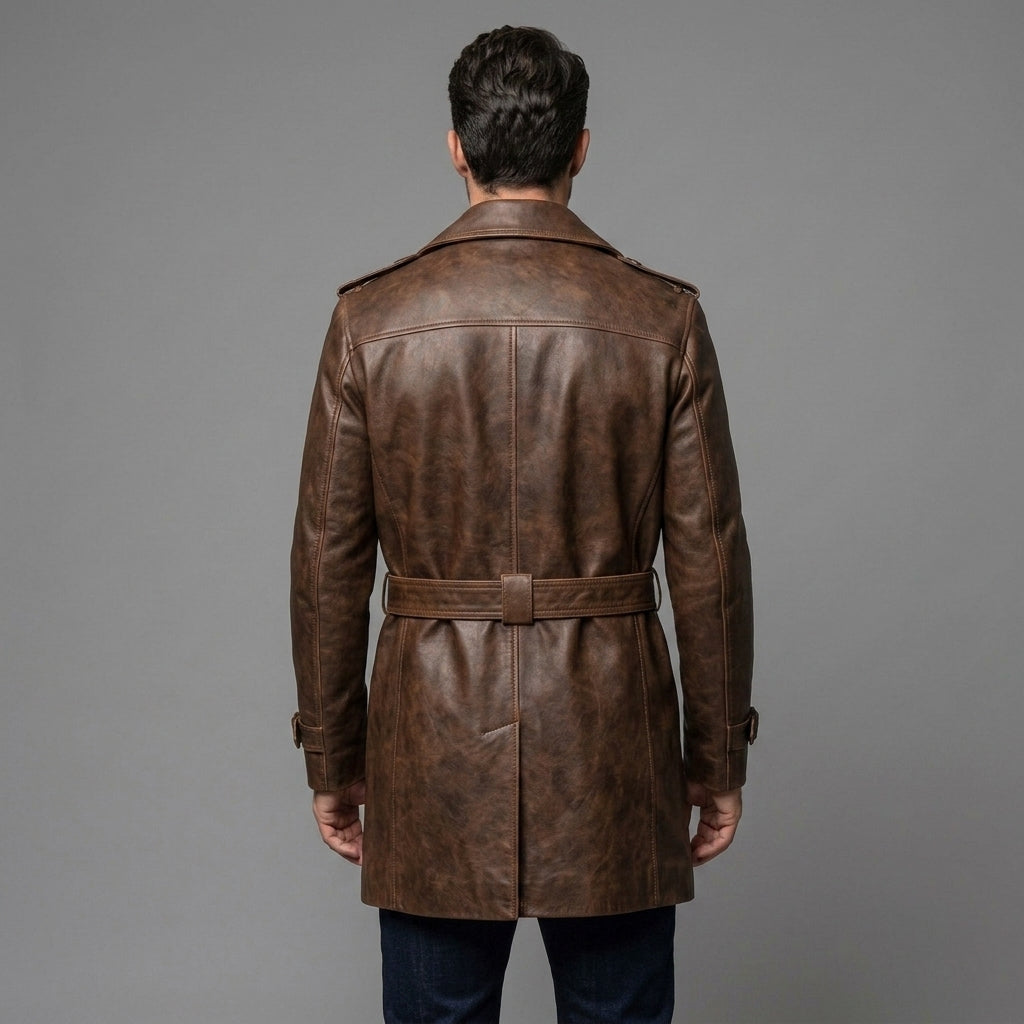 Men's Brown Leather Trench Coat