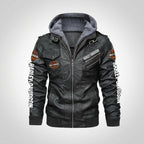 Men’s Black Hooded Cowhide Leather Biker Jacket – Harley-Style Moto