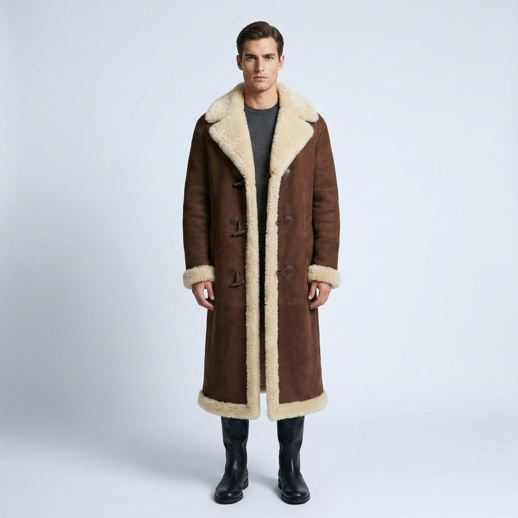 Kolby Brown Suede Shearling Long Coat – Premium Winter Overcoat