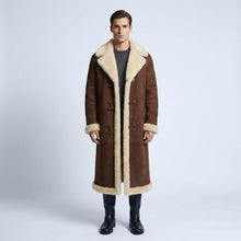 Load image into Gallery viewer, Kolby Brown Suede Shearling Long Coat – Premium Winter Overcoat
