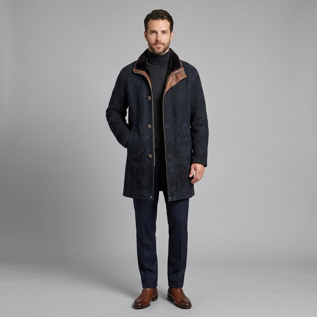 Men’s Genuine Shearling Sheepskin Leather Coat – Luxury Winter Overcoat