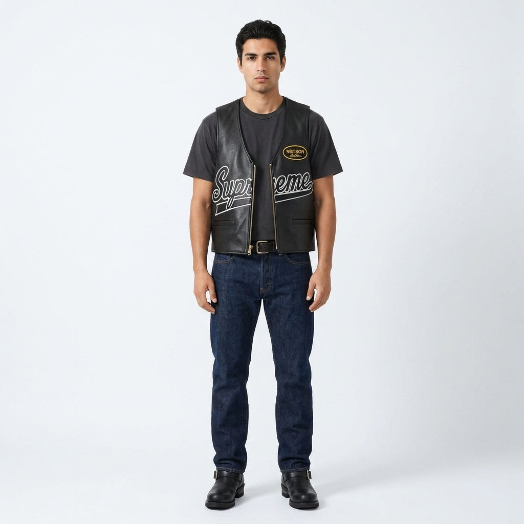 Black Spider Web Leather Vest – Streetwear Biker Edition