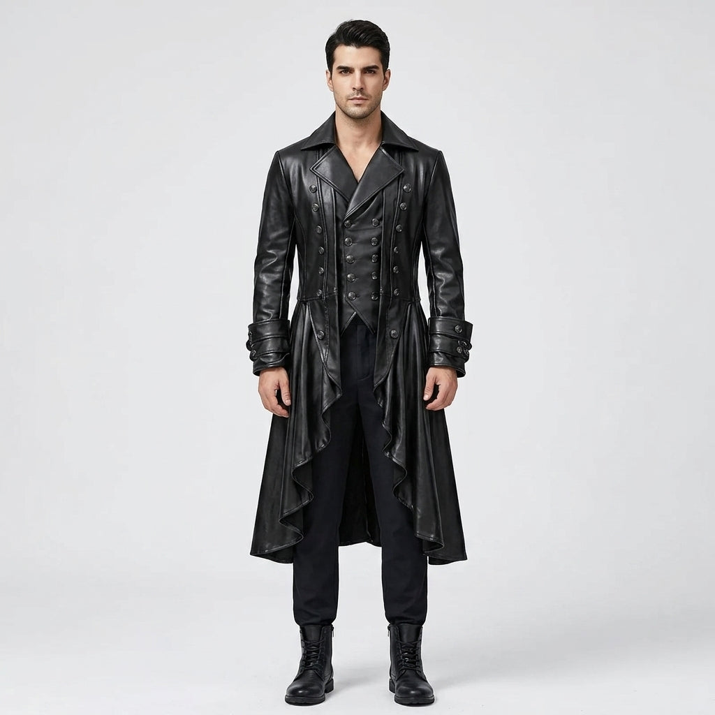 Herren schwarzer Steampunk Gothic Ledersmoking – Viktorianischer langer Mantel