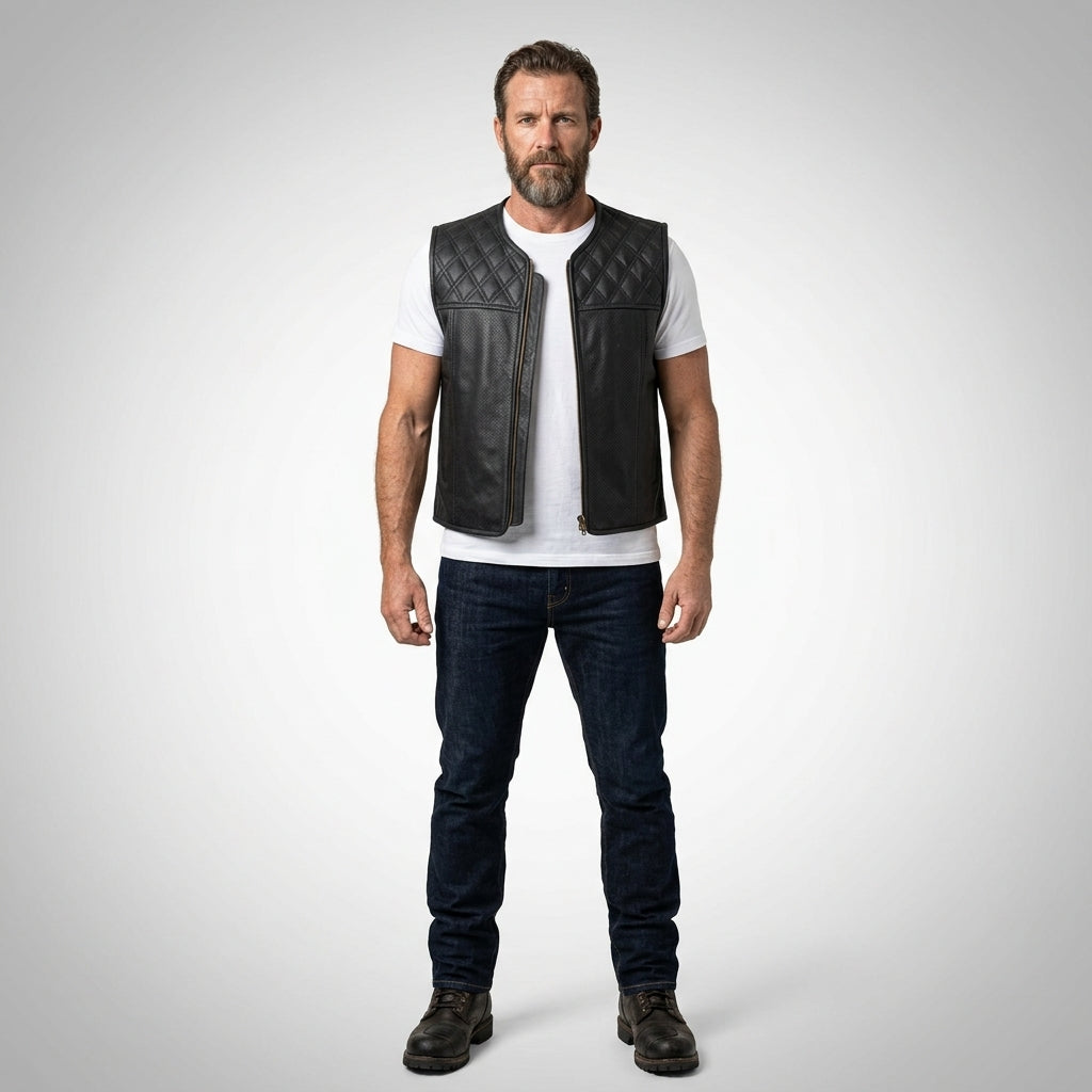 Urban Rider Perforierte Motorradweste aus Leder – Atmungsaktive Street Moto