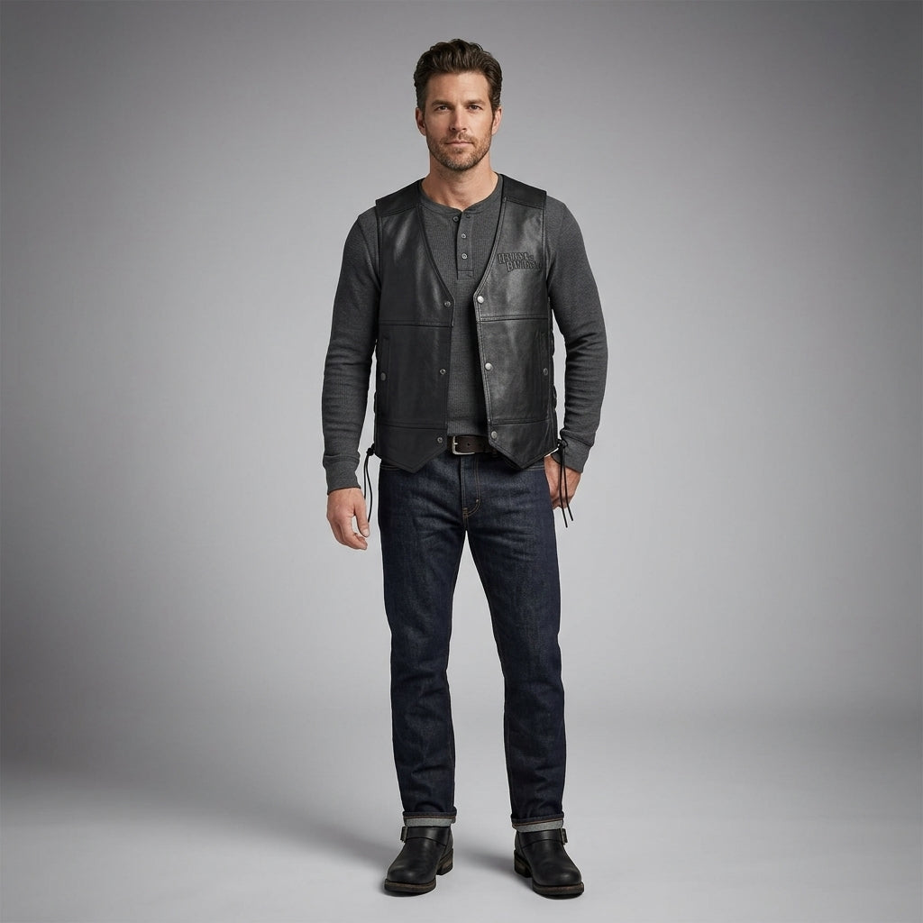 Classic Black Leather Motorcycle Vest – Snap Button & Side Lace Fit