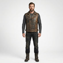 Load image into Gallery viewer, Distressed Leather Biker Vest for Men – Classic Harley Style
