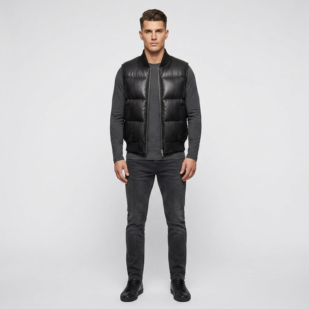 Naro Black Leather Puffer Vest – Buttery Soft Luxury Style