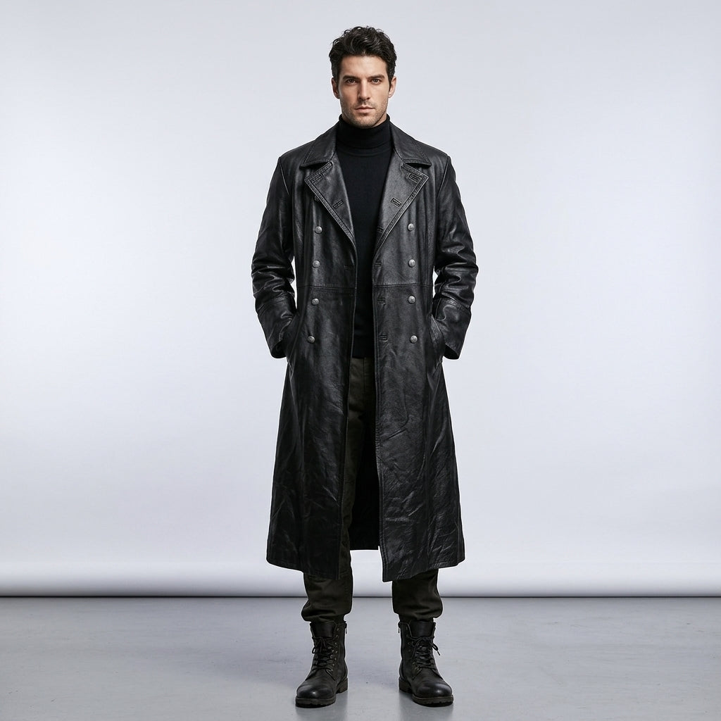 Men’s German Officer WW2 Style Leather Trench Coat – Classic Military Edition