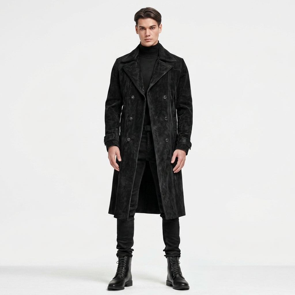 Herren zweireihiger Trenchcoat aus schwarzem Wildleder – Klassischer langer Mantel