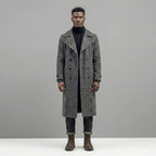 Men’s Manteco Herringbone Double Breasted Long Coat – Dark Gray Classic Fit