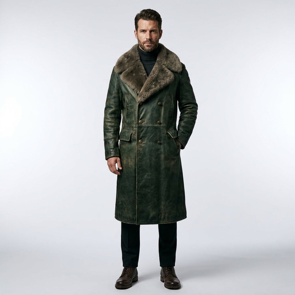 Men’s Dark Green Shearling Leather Jacket – Premium Winter Aviator Style