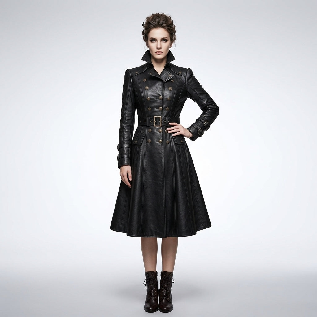 Damen Schwarzer Gothic Viktorianischer Leder-Trenchcoat – Eleganter Langer Statement-Mantel