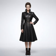 Laden Sie das Bild in den Galerie-Viewer, Damen Schwarzer Gothic Viktorianischer Leder-Trenchcoat – Eleganter Langer Statement-Mantel
