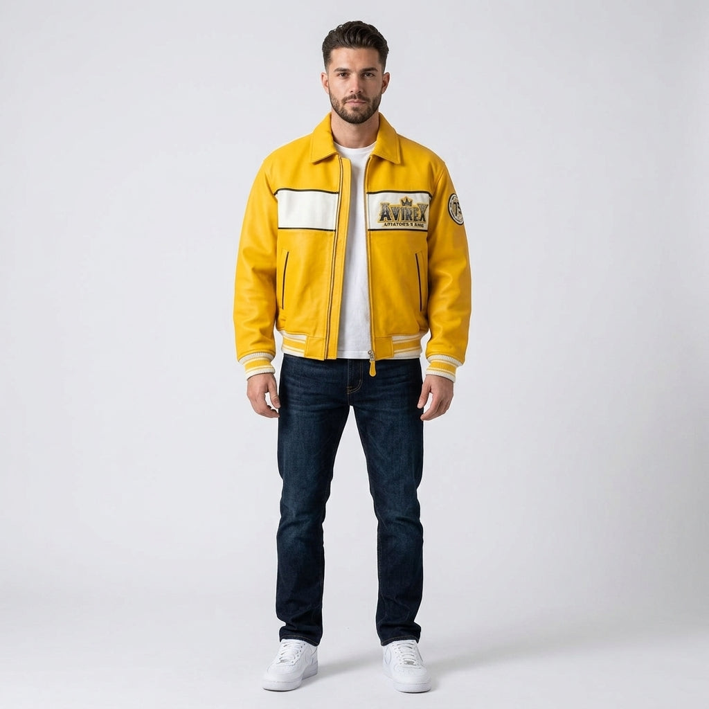 Aviators King Varsity Lederjacke – Gelb & Weiß Edition