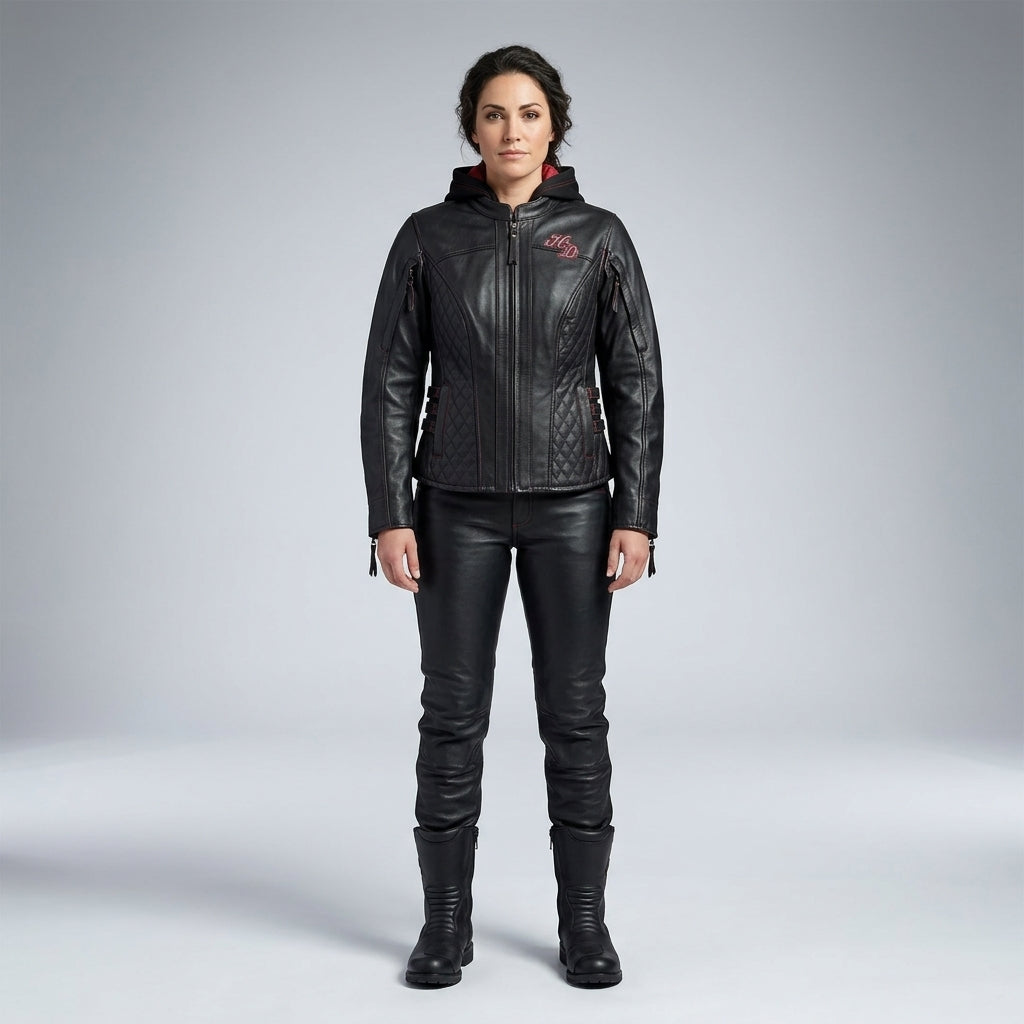 Motorradjacke aus Leder für Damen mit gerollten Totenköpfen – Harley Style Edition