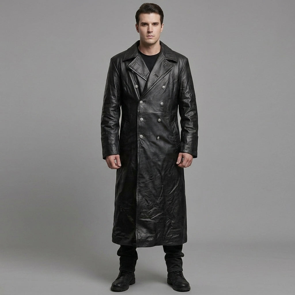 Men’s German Officer Style Black Leather Trench Coat – Military Inspired Long Coat