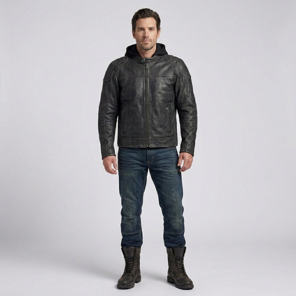 Herren schwarze Kapuzen-Leder-Bikerjacke – Urbaner Motorrad-Stil