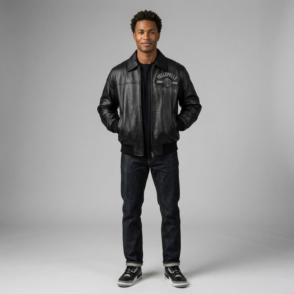 Bestickte schwarze Lederjacke für Herren – Pelle Style Street Edition