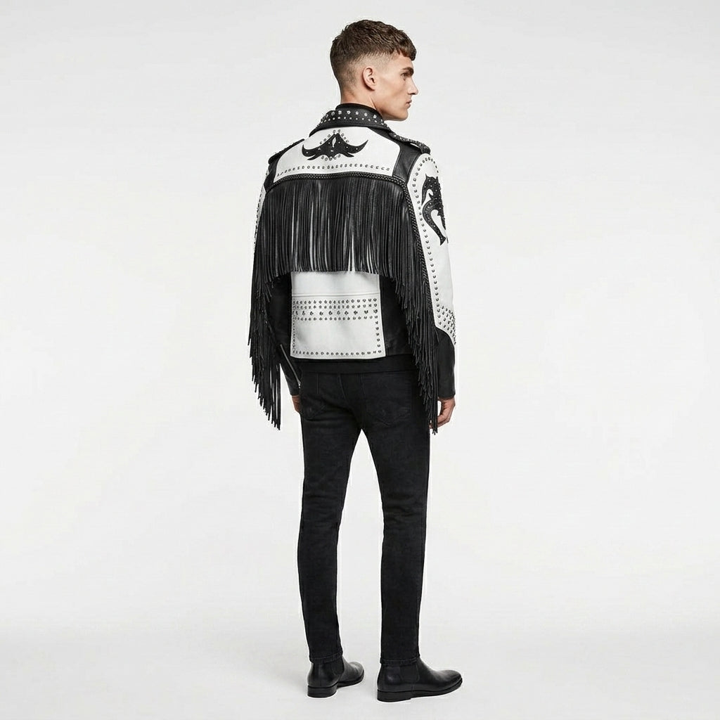 Men’s Black & White Studded Cowboy Leather Jacket – Western Biker Coat