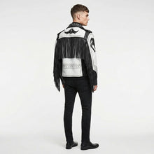 Laden Sie das Bild in den Galerie-Viewer, Men’s Black &amp; White Studded Cowboy Leather Jacket – Western Biker Coat
