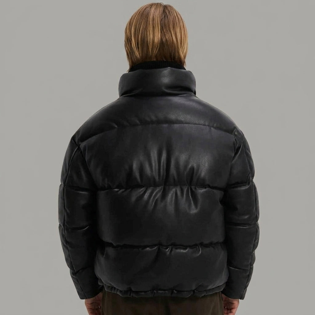 Men’s Black Faux Leather Puffer Jacket – High Neck Winter Coat
