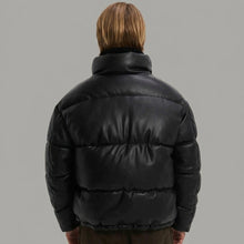 Load image into Gallery viewer, Men’s Black Faux Leather Puffer Jacket – High Neck Winter Coat
