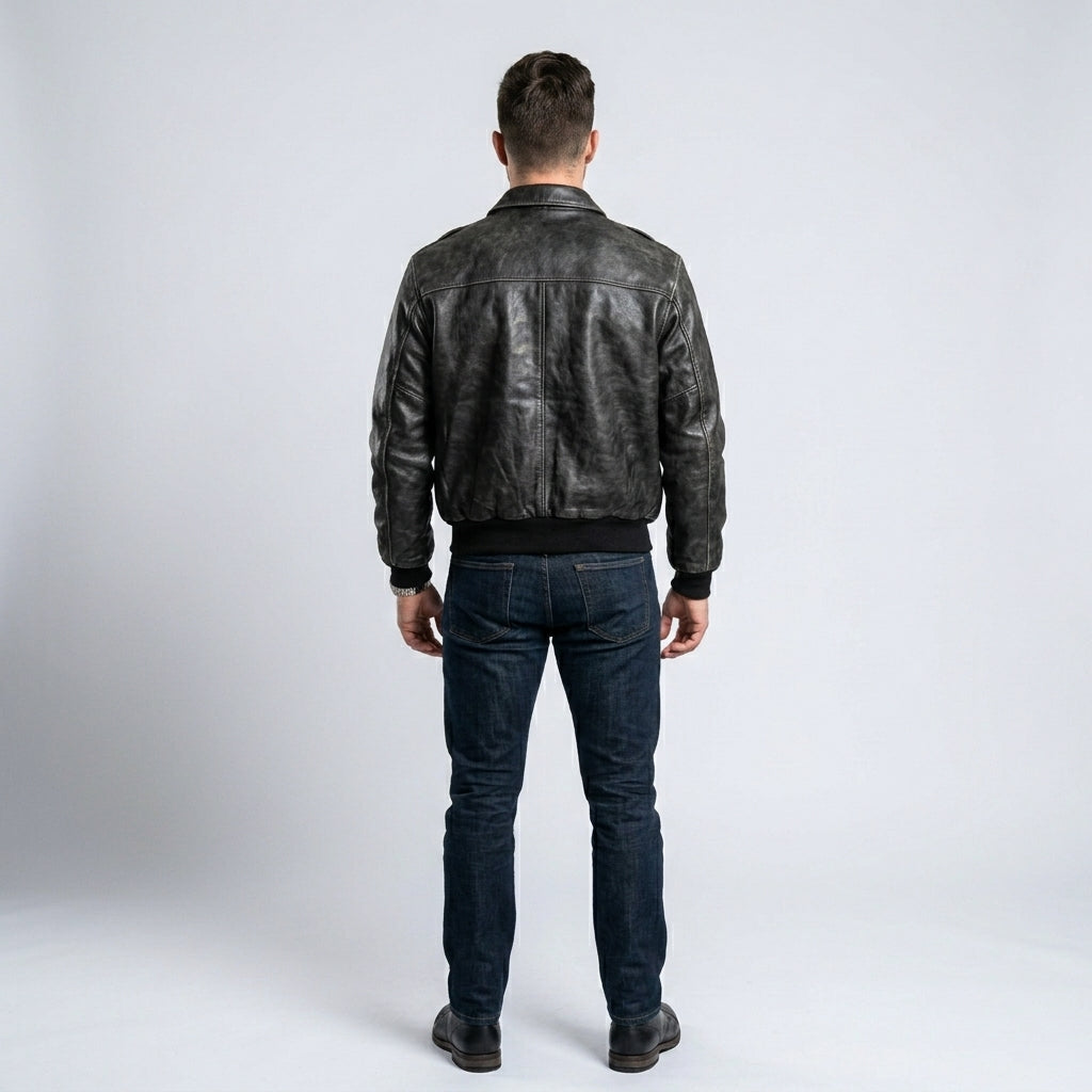 Men’s Vintage A2 Flight Leather Jacket – 80s Military Aviator Bomber Coat