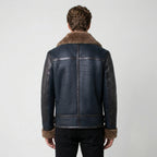 Men’s Blue Sheepskin Shearling Leather Jacket – Premium Winter Aviator Coat
