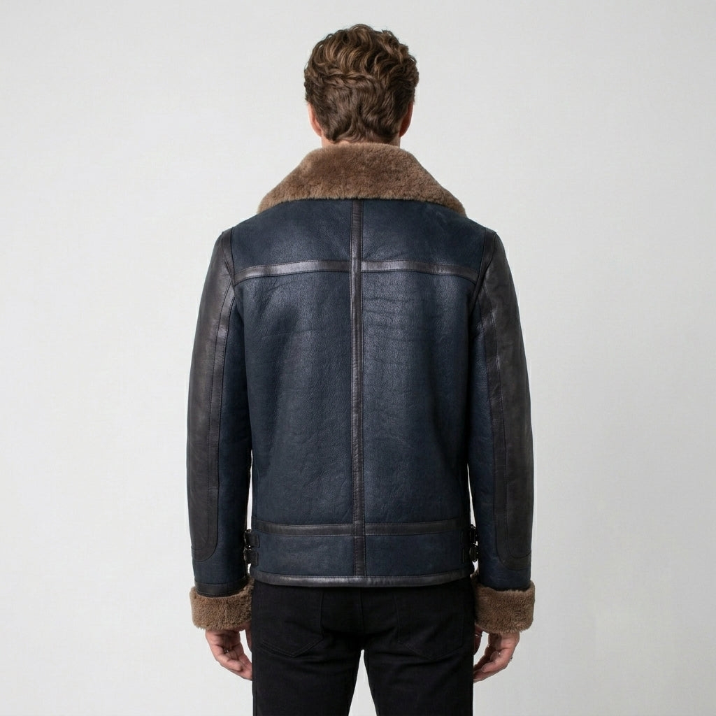 Men’s Blue Sheepskin Shearling Leather Jacket – Premium Winter Aviator Coat
