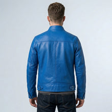Load image into Gallery viewer, Men’s Blue Trucker Style Cafe Racer Leather Jacket – Motorcycle Biker Jacket
